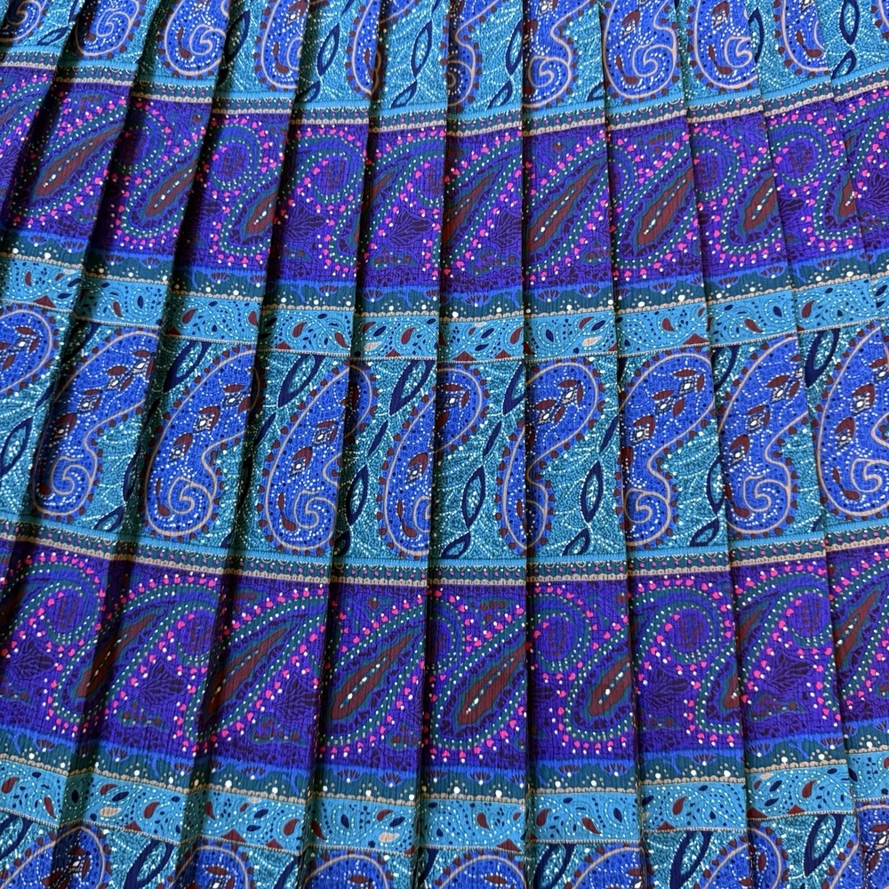 VTG 80s 90s  Blue Paisley Accordion Pleated Maxi Skirt XL Broomstick Skirt - Picture 3 of 7